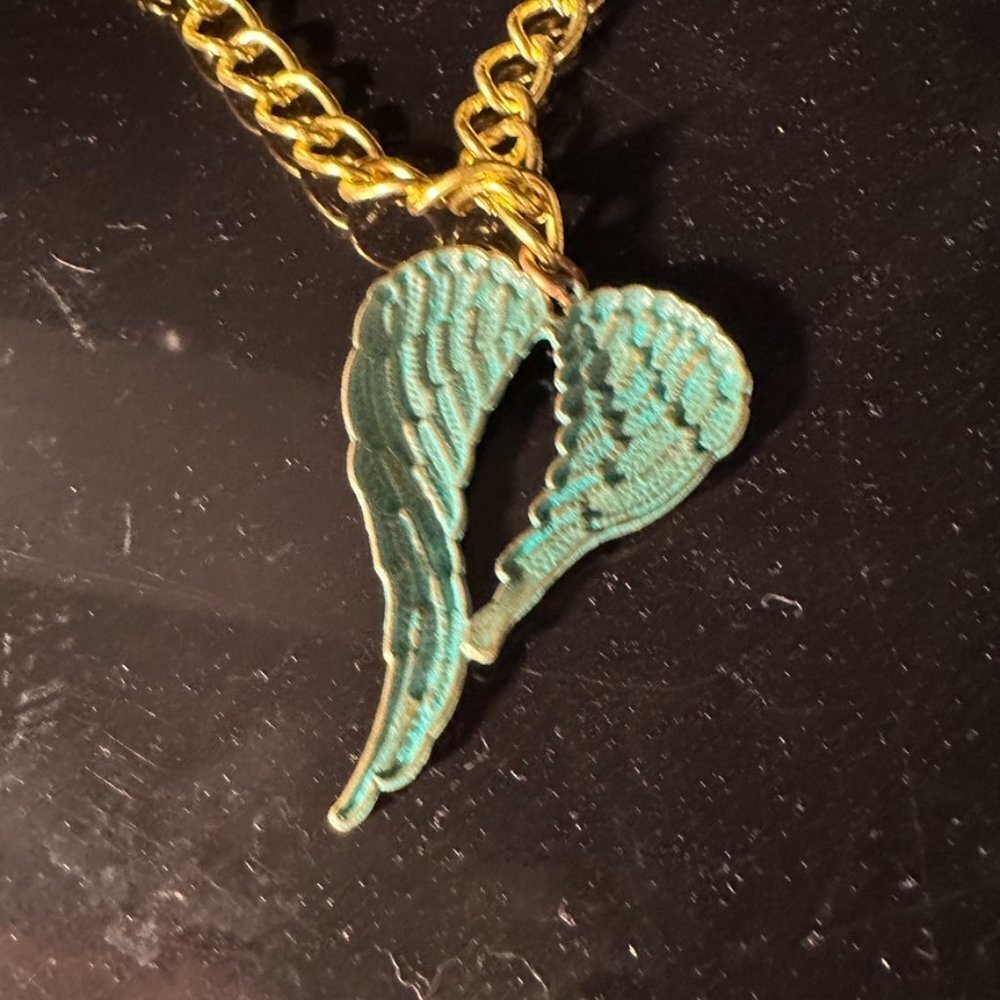 Green Verdigris Pendant Heart Angel Wings Gold Necklace Choker Gift - Picture 5 of 6